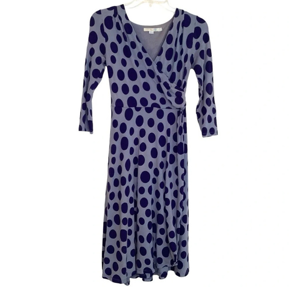 Boden Dress Sz 4 Blue Midi Jersey Knit Polka Dot Wrap Work Office Stretchy - Picture 1 of 6